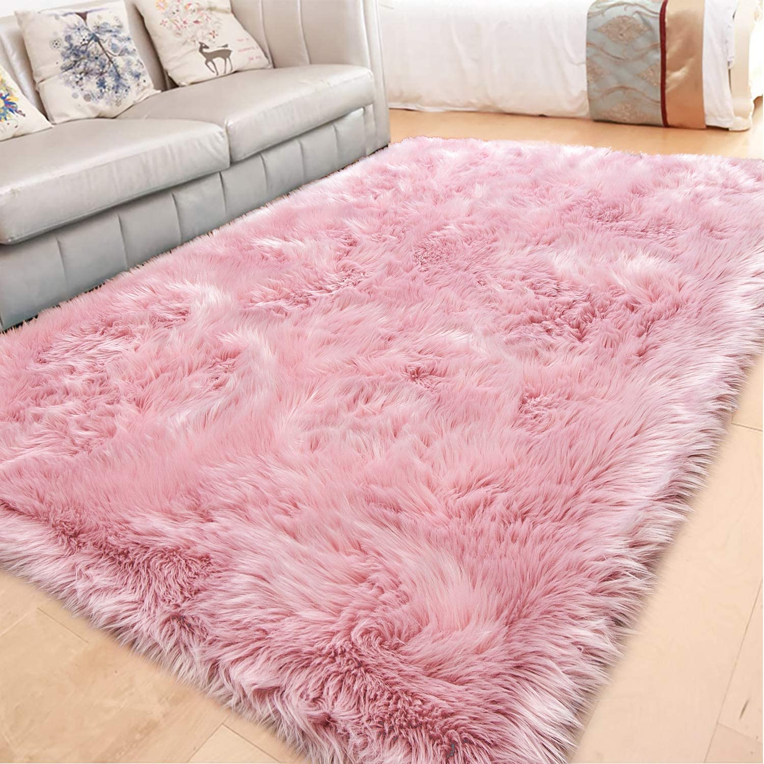 Fancy Fur Rug Open image in slideshow, Luxurious pink fluffy sheep fur rug in cozy ...